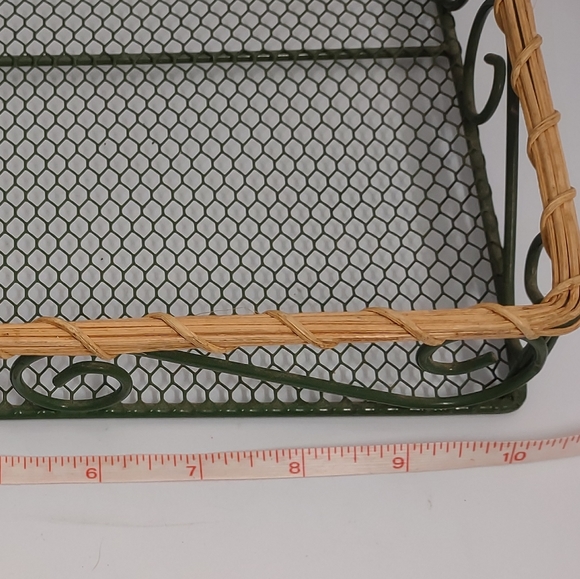 Decor Green Wire & Woven Wicker Rectangle Basket Tray 13"L X 11"W X 1 1/2"H - Picture 2 of 4